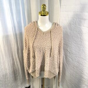 POL Sweatshirt Brown Hoodie Nubby Knit Pullover V Neck Sherpa Women's Size Large